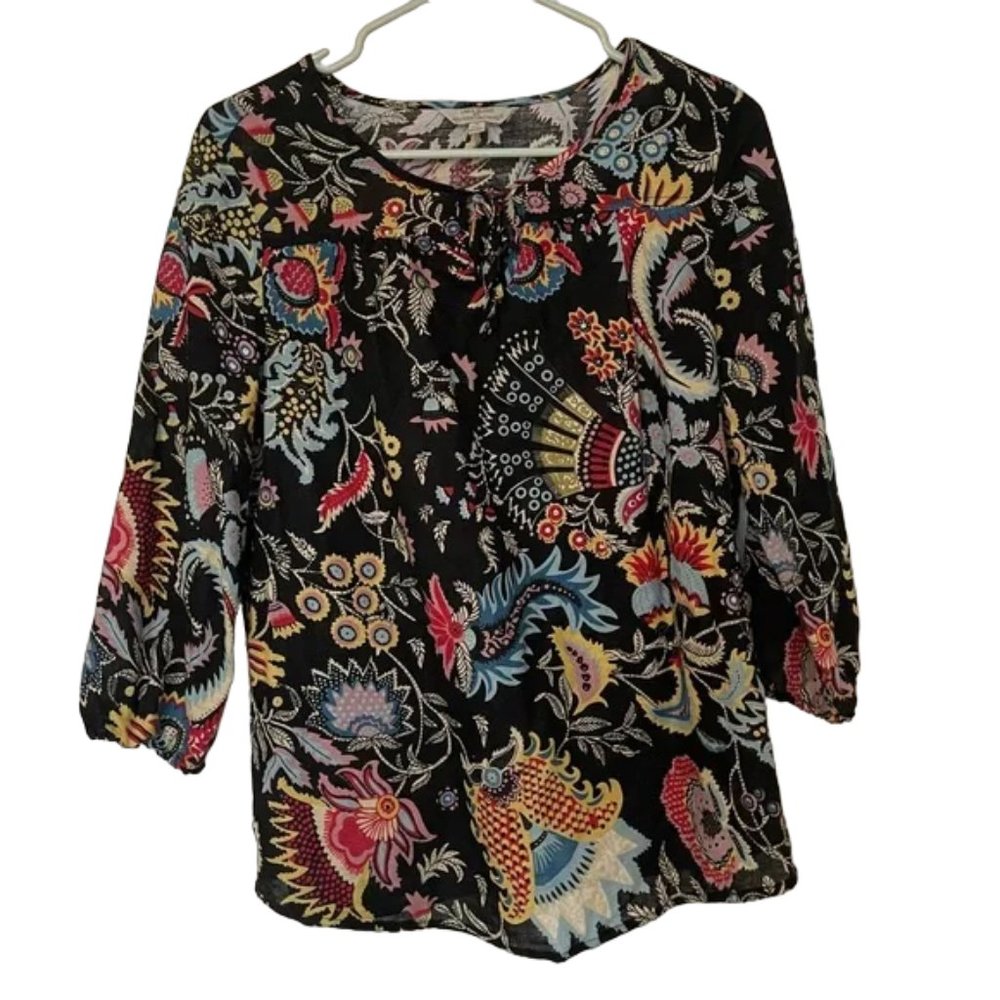 Hester & Orchard Linen Blend Black Floral Tunic Blouse Womens Size Small